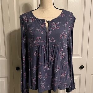 LUCKY BRAND, BOHO COTTON TIE NECK FLORAL TOP SIZE L, VIOLET COLOR